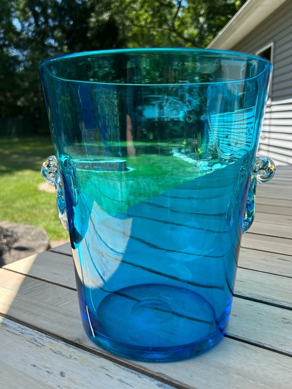 Vintage Hand Blown Glass Blue Ice Bucket